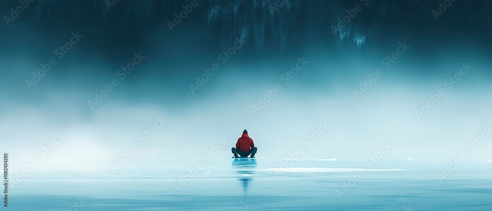Silhouette of a photographer on frozen lake at dawn capturing reflections and dramatic sky in serene winter landscape Silhouette of a photographer on frozen lake at dawn capturing reflections and dramatic sky in serene winter landscape
