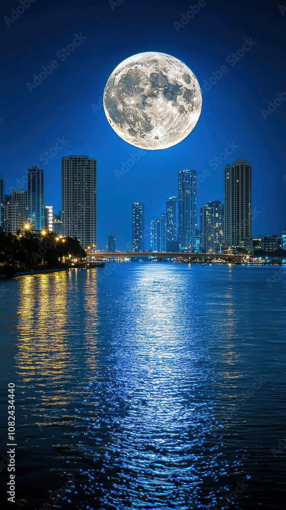 Obraz premium Moonlit scene of river reflecting city lights and large moon. tranquil atmosphere creates serene and captivating view of urban life at night