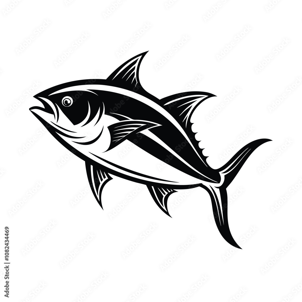 Obraz premium tuna fish vector design, labeled line art and linocut silhouette illustration.
