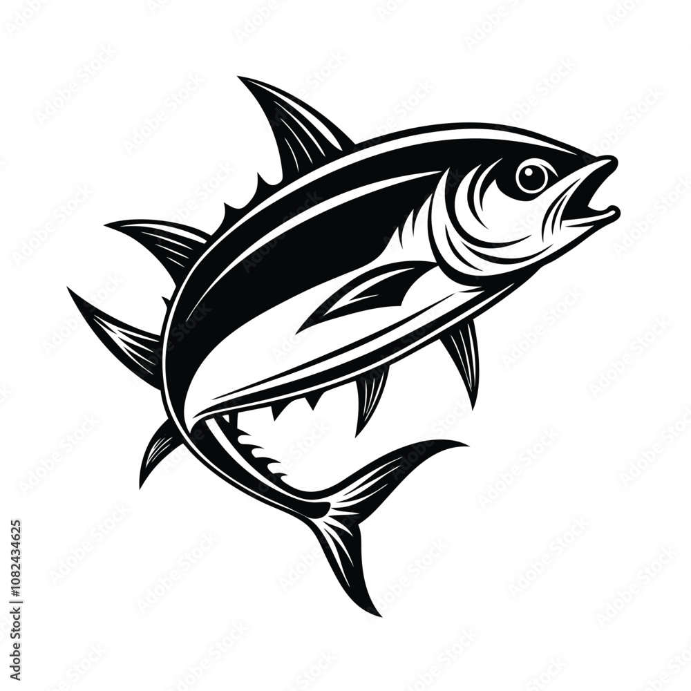 Obraz premium tuna fish vector design, labeled line art and linocut silhouette illustration.