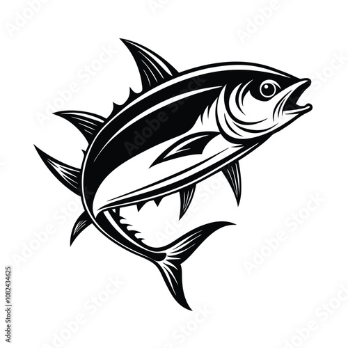 tuna fish vector design, labeled line art and linocut silhouette illustration.