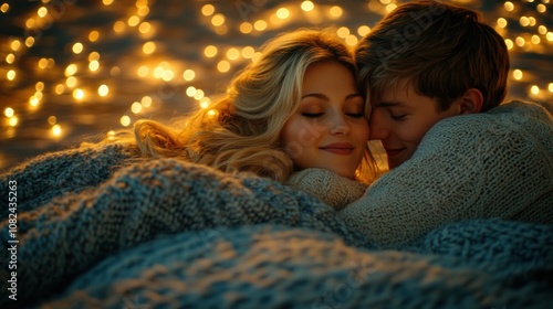 Cozy Evening Embrace of a Couple Surrounded by Warm Fairy Lights and Soft Blankets in a Dreamy Romantic Setting