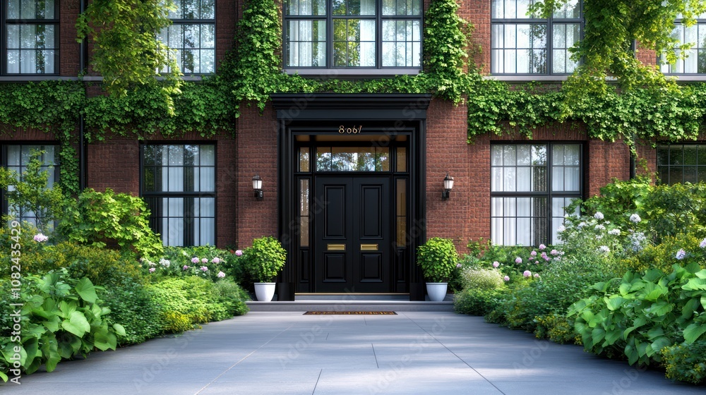 Elegant brick entrance adorned with greenery and flowers. Elegant brick entrance adorned with greenery and flowers.