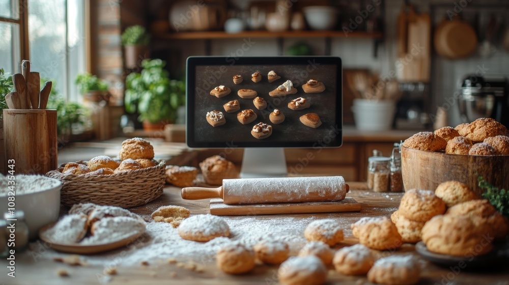 Baking Classes Website Mockup with Kitchen Background. Generative AI Baking Classes Website Mockup with Kitchen Background. Generative AI