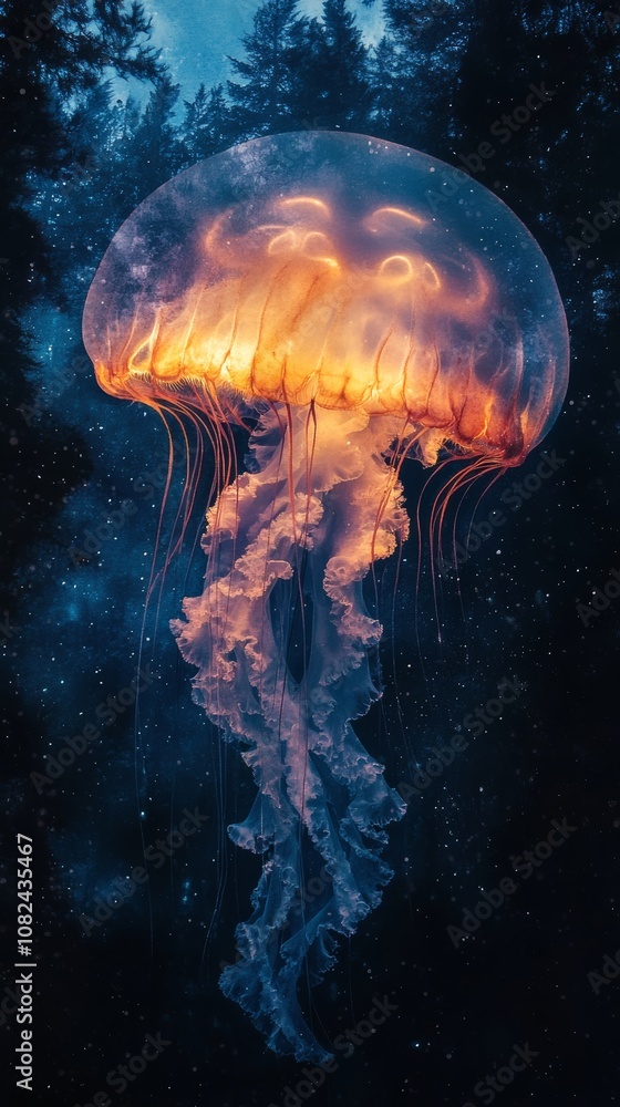 A jellyfish drifting in the deep sea close up, focus on, copy space Double exposure silhouette with jellyfish and dark ocean depths A jellyfish drifting in the deep sea close up, focus on, copy space Double exposure silhouette with jellyfish and dark ocean depths