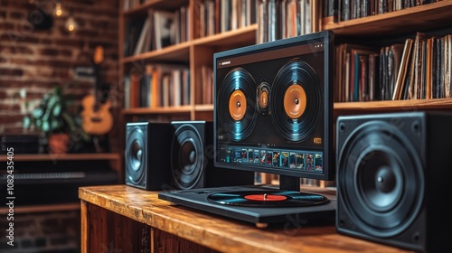 Wallpaper Mural Music Streaming Website Mockup with Vinyl Records. Generative AI Torontodigital.ca