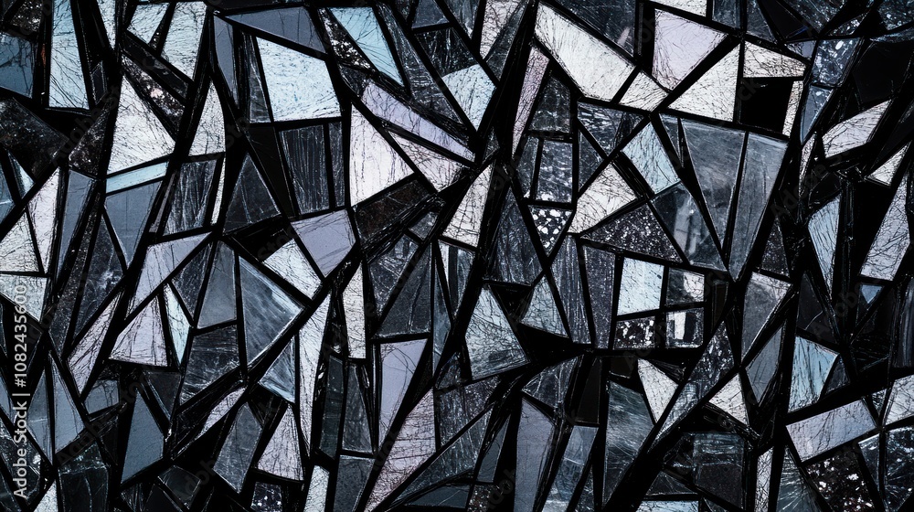 A mosaic of dark, angular glass pieces reflecting light in an abstract pattern. A mosaic of dark, angular glass pieces reflecting light in an abstract pattern.