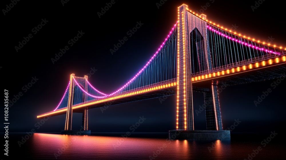 Fototapeta premium Futuristic Bridge with Neon Lights Nighttime Cityscape Modern Architecture