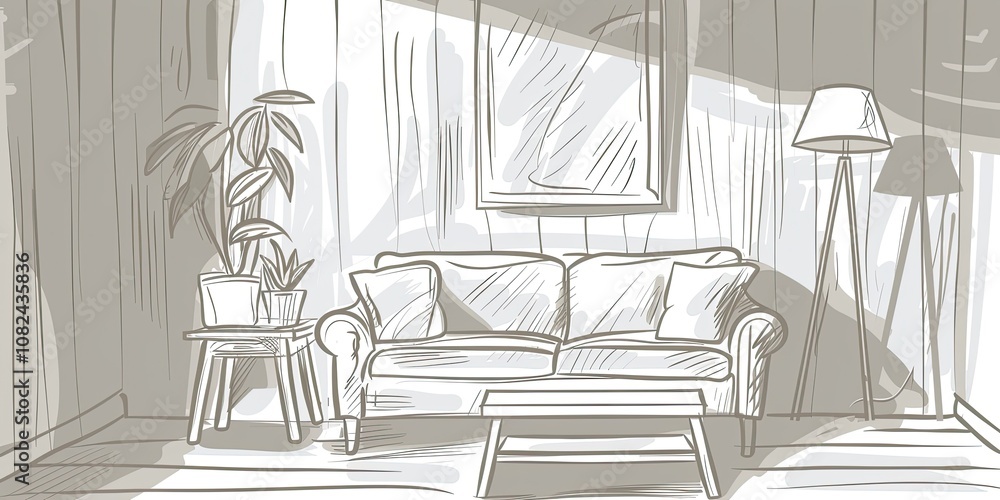 An interior design sketch with artistic lines of a bohemian living space An interior design sketch with artistic lines of a bohemian living space