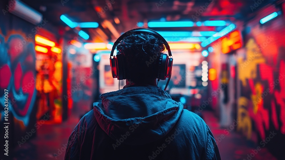 Man with Headphones in Neon Lit Street Man with Headphones in Neon Lit Street