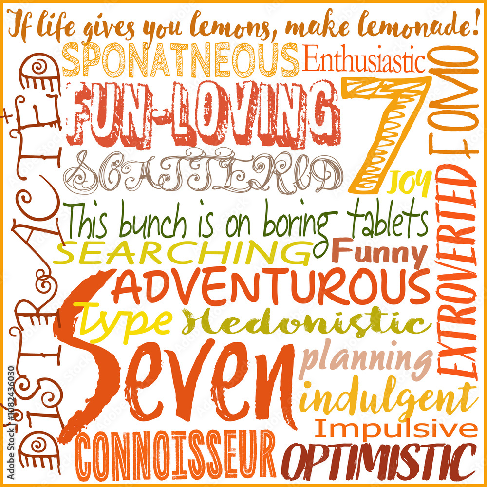 Enneagram 7, the enthusiast, square, color, fun graphic with type descriptions