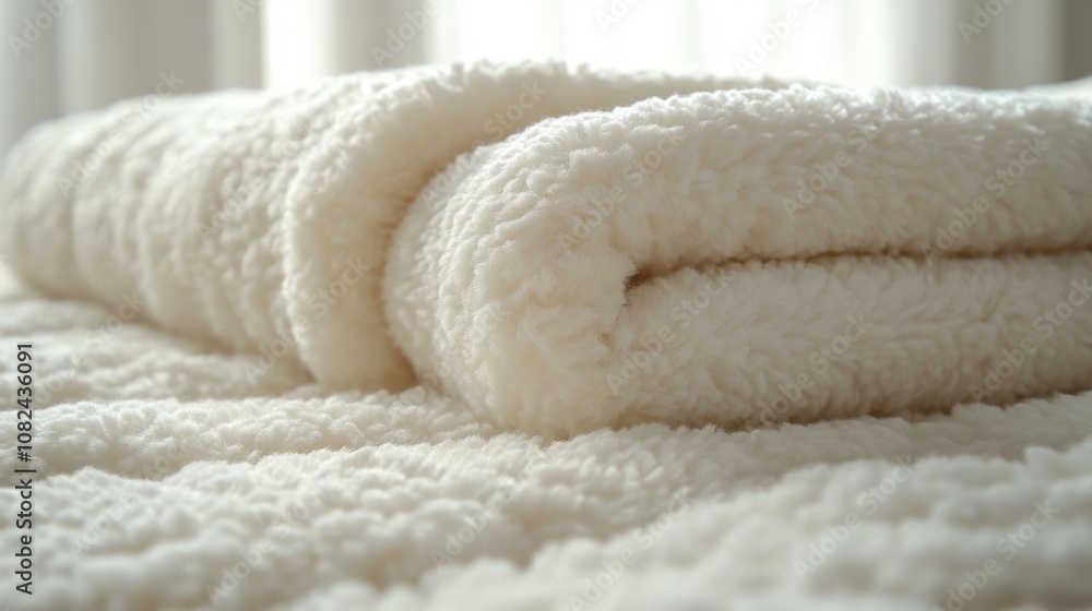 A soft white blanket is elegantly folded and resting on a textured surface. The bright room is illuminated by gentle natural light coming through sheer curtains, creating a serene atmosphere. A soft white blanket is elegantly folded and resting on a textured surface. The bright room is illuminated by gentle natural light coming through sheer curtains, creating a serene atmosphere.