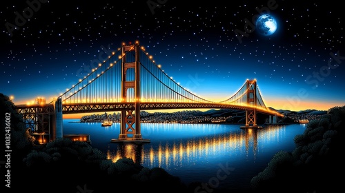 Golden Gate Bridge Night Skyline with Moon and Stars