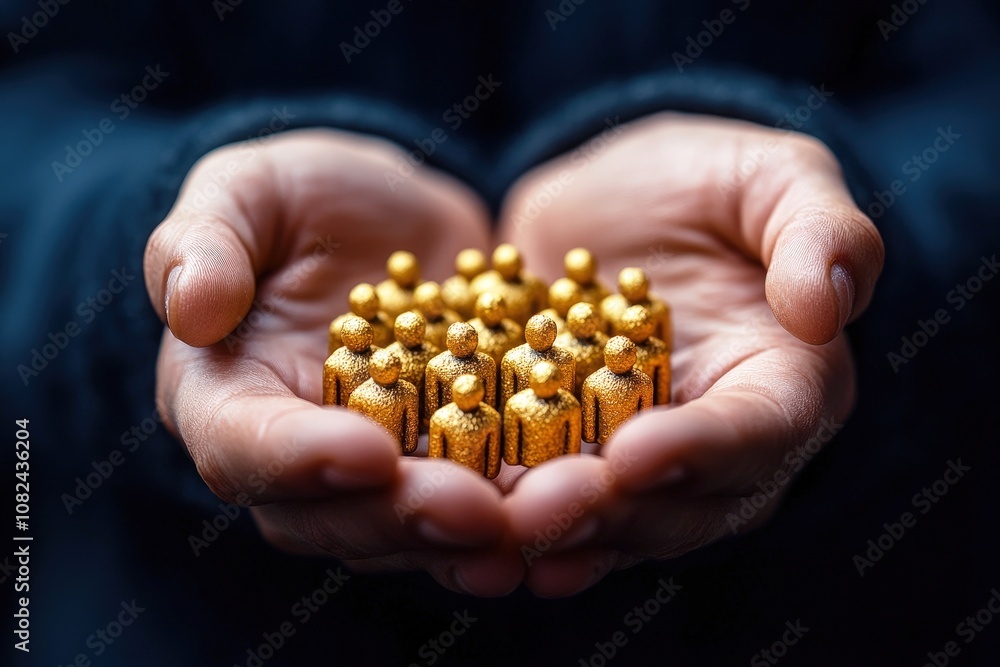 Hands Cradling Golden Figurines Symbolizing Community, Unity, and Support in Human Connection, Emphasizing Cooperation and Collective Strength Amidst Modern Challenges Hands Cradling Golden Figurines Symbolizing Community, Unity, and Support in Human Connection, Emphasizing Cooperation and Collective Strength Amidst Modern Challenges
