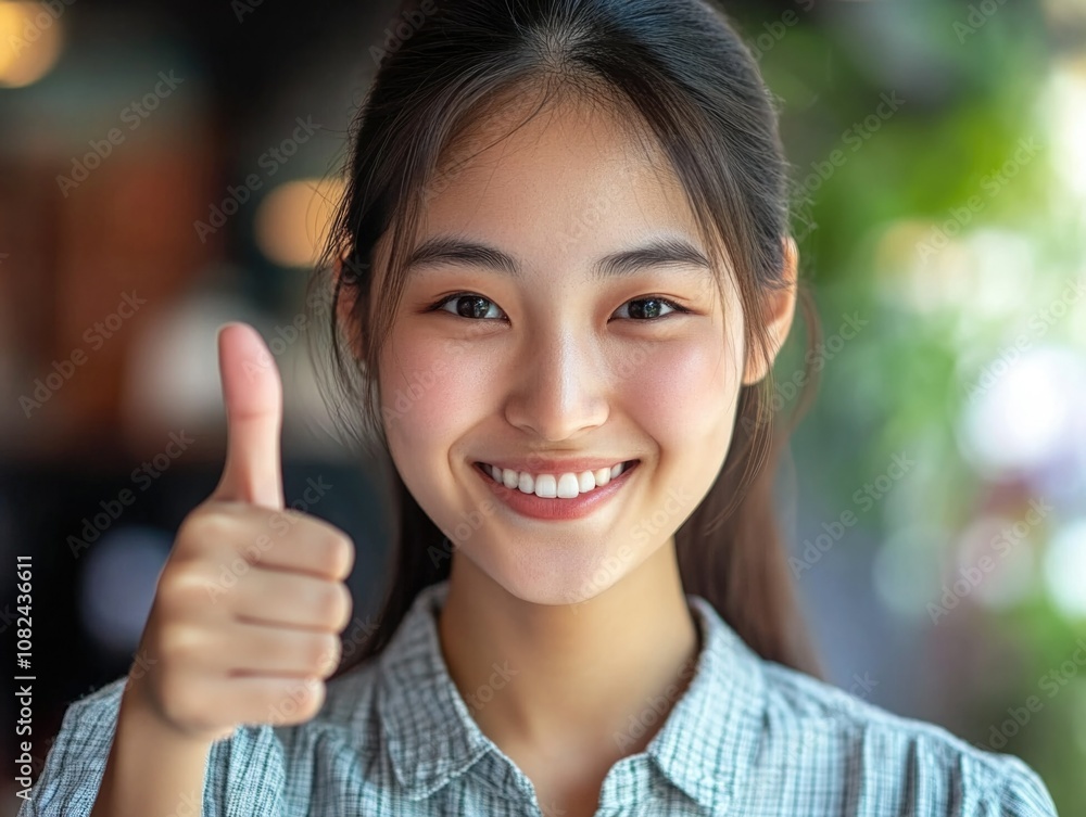 Celebratory Thumbs Up - Happy Asian Woman Selfie in Restaurant Celebratory Thumbs Up - Happy Asian Woman Selfie in Restaurant