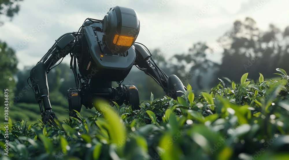 A robotic worker harvests tea leaves in a lush plantation on a cloudy day A robotic worker harvests tea leaves in a lush plantation on a cloudy day