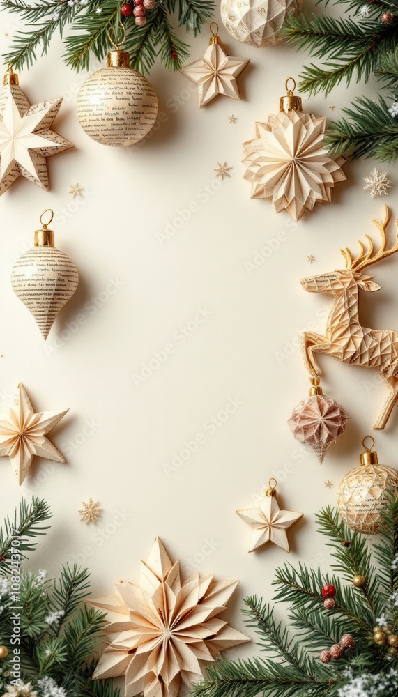 Elegant rustic Christmas decorations with handmade ornaments and pine branches Elegant rustic Christmas decorations with handmade ornaments and pine branches