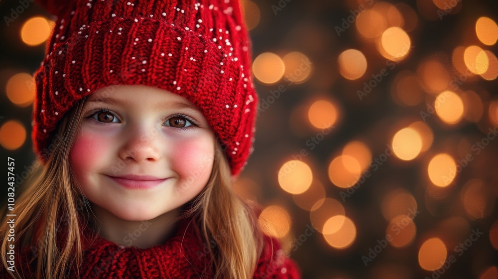Joyful Girl in Red Hat with Holiday Bokeh Background Joyful Girl in Red Hat with Holiday Bokeh Background