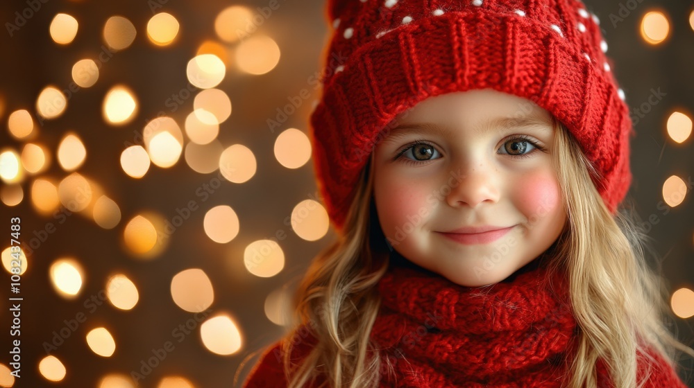 Cheerful Girl in Winter Attire Against a Bokeh Background Cheerful Girl in Winter Attire Against a Bokeh Background