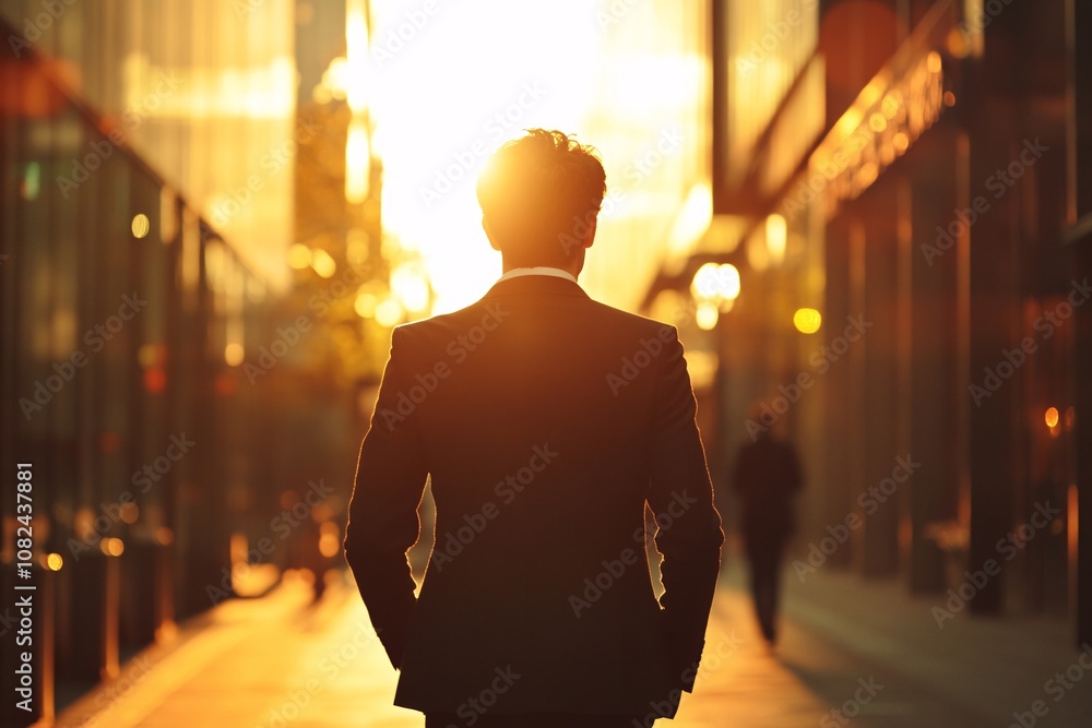 Rear view of young businessman in dark suit, strolling on a bustling street, sunset glow, casual stroll, medium close-up 5 Rear view of young businessman in dark suit, strolling on a bustling street, sunset glow, casual stroll, medium close-up 5