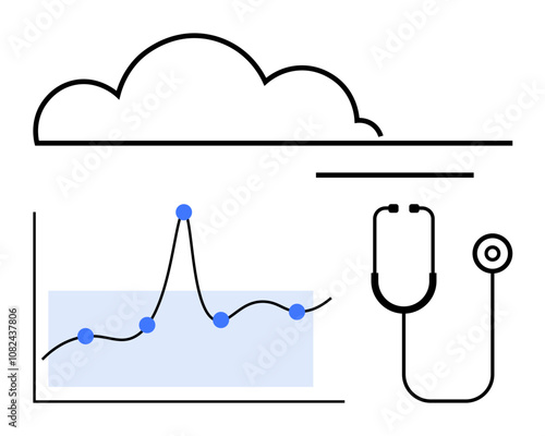 Cloud with data graph and stethoscope outlines technological innovation in healthcare. Ideal for tech, healthcare, analytics, cloud computing, data science, medical research, future trends. Line