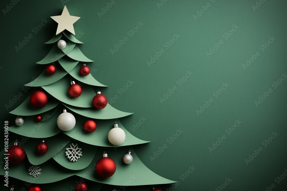 A creative Christmas tree cutout with red, green, and white baubles and gold stars on a green background. Perfect for conveying the festive spirit of holiday celebrations A creative Christmas tree cutout with red, green, and white baubles and gold stars on a green background. Perfect for conveying the festive spirit of holiday celebrations