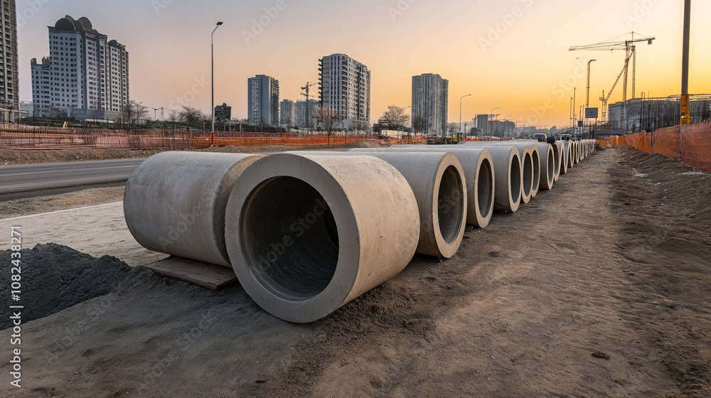 Concrete pipe sections lined up for infrastructure work along a road with construction site in urban area with buildings and cranes at sunset. Concrete pipe sections lined up for infrastructure work along a road with construction site in urban area with buildings and cranes at sunset.