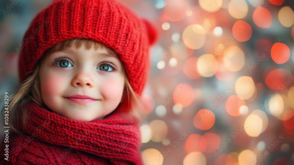 Joyful Child in Cozy Red Hat Surrounded by Festive Lights Joyful Child in Cozy Red Hat Surrounded by Festive Lights
