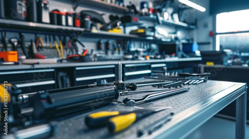 A sleek car maintenance setup in a modern garage, Tools and parts neatly placed, Industrial minimalist style photo