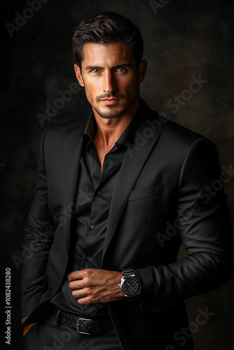 handsome man in a black suit, his shirt unbuttoned, a watch on his wrist, posing for the camera against a dark background in a studio setting