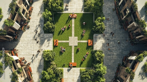 Aerial view of a vibrant green city square, bustling with people enjoying leisure time amidst lush trees, surrounded by modern buildings