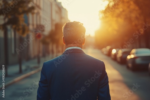 Middle-aged businessman in blue suit, seen from behind on an empty street, warm sunset glow, tranquil, close-up 2