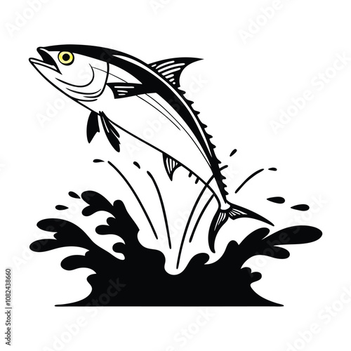 tuna fish vector design, labeled line and fill art silhouette illustration.