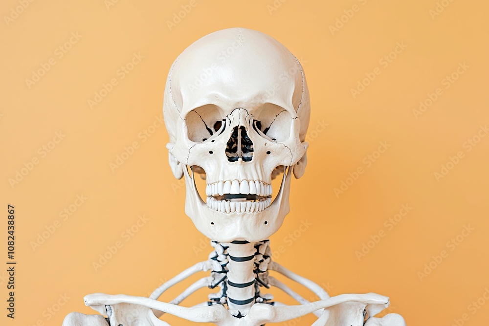 anatomy skeletal concept, A lifelike plastic skeleton model against a bright orange background. anatomy skeletal concept, A lifelike plastic skeleton model against a bright orange background.
