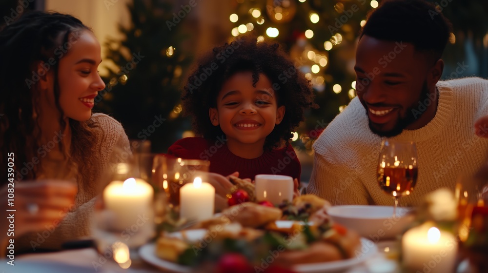 A family smiles at the dinner table, lit by candles, during a festive holiday celebration A family smiles at the dinner table, lit by candles, during a festive holiday celebration