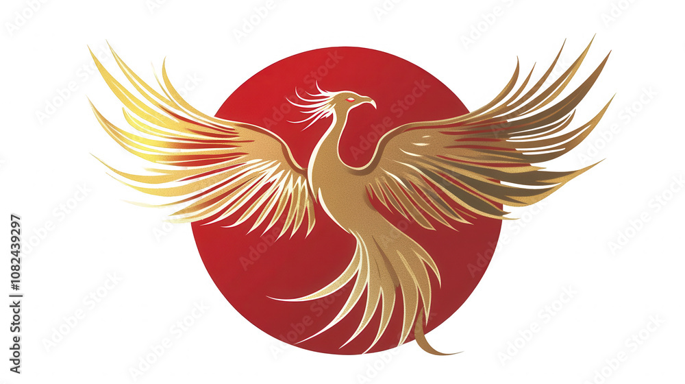Fototapeta premium Golden Phoenix in Red and Gold Theme for Chinese New Year Festival, Isolated on White, PNG File, Transparent Background