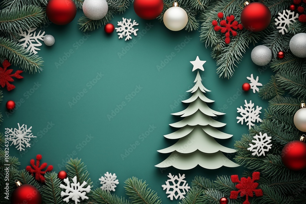 A creative Christmas tree cutout with red, green, and white baubles and gold stars on a green background. Perfect for conveying the festive spirit of holiday celebrations A creative Christmas tree cutout with red, green, and white baubles and gold stars on a green background. Perfect for conveying the festive spirit of holiday celebrations