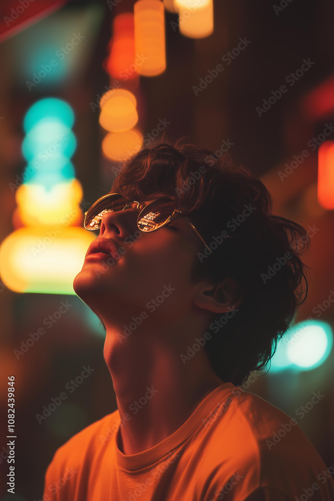 man wearing glasses, with short hair, under night street lights, with an orange and teal color grading man wearing glasses, with short hair, under night street lights, with an orange and teal color grading