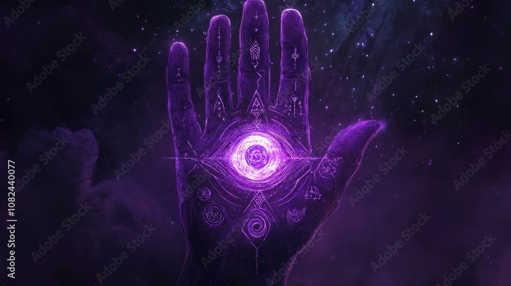 Giant purple hand with glowing esoteric symbols and third eye floating in space with nebulae and stars, creating a mystical and cosmic atmosphere Giant purple hand with glowing esoteric symbols and third eye floating in space with nebulae and stars, creating a mystical and cosmic atmosphere
