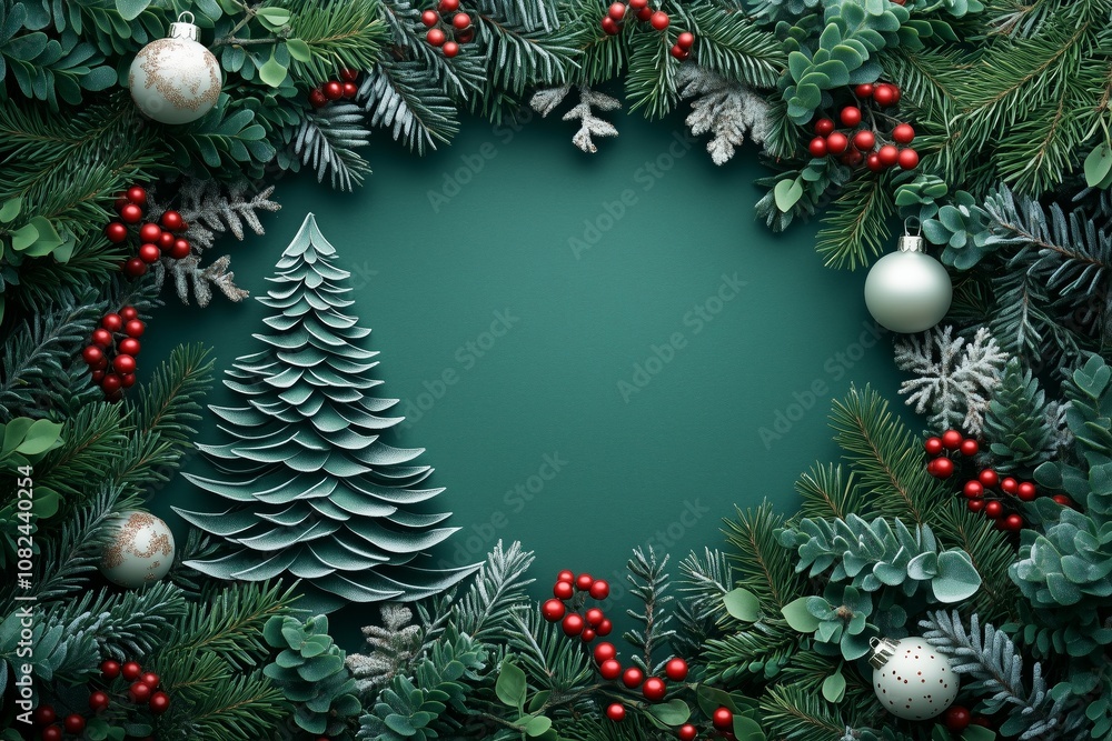 A creative Christmas tree cutout with red, green, and white baubles and gold stars on a green background. Perfect for conveying the festive spirit of holiday celebrations A creative Christmas tree cutout with red, green, and white baubles and gold stars on a green background. Perfect for conveying the festive spirit of holiday celebrations