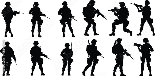 Silhouetted U.S. Army Troops in Combat Stance,Patriotic Silhouettes of USA Army Soldiers