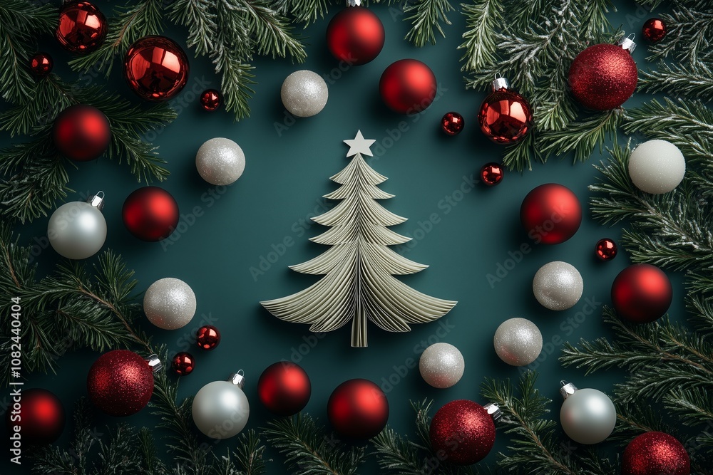 Obraz premium A creative Christmas tree cutout with red, green, and white baubles and gold stars on a green background. Perfect for conveying the festive spirit of holiday celebrations