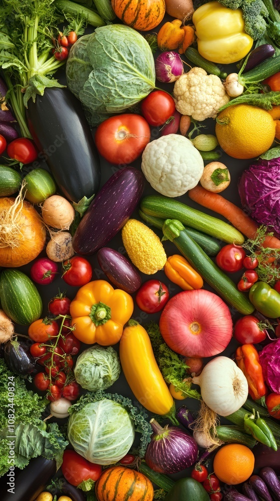 A vibrant assortment of fresh vegetables arranged artistically on a dark background. A vibrant assortment of fresh vegetables arranged artistically on a dark background.