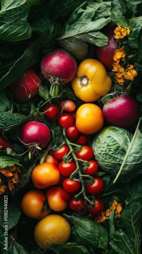 A vibrant assortment of fresh vegetables and greens arranged artistically.