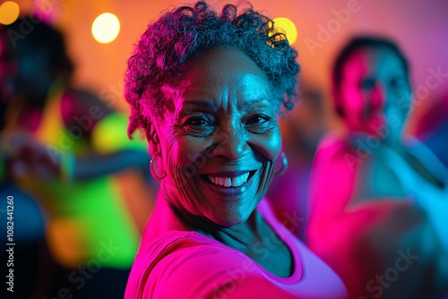 Joyful elderly black woman in her 70s, shimmying with friends in a lively Zumba class, studio setting, colorful light, focus on joyful expression, close-up 1