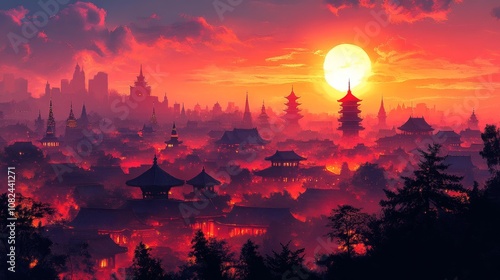Temple Skyline at Sunset Silhouettes of Religious Structures. Generative AI