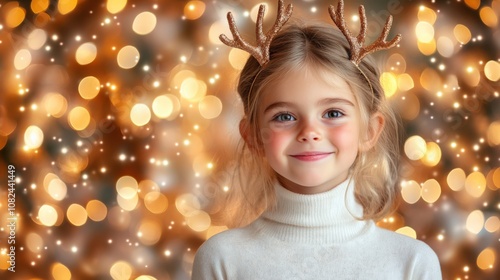 Cheerful Girl in Christmas Antlers with Sparkling Bokeh Background