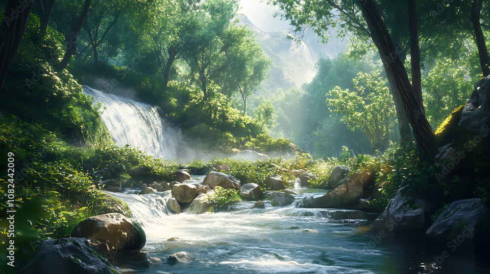 A river flowing clean and vibrant, symbolizing recovery of nature and environmental healing.1 A river flowing clean and vibrant, symbolizing recovery of nature and environmental healing.1