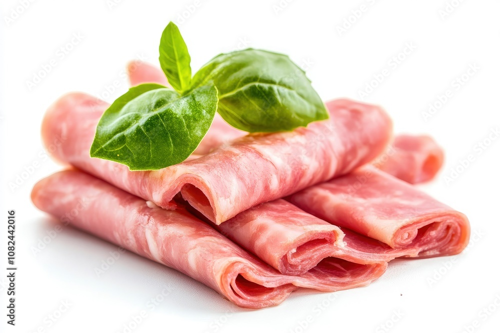 cooked boiled ham sausage or rolled bologna slices isolated on white background cutout - generative ai cooked boiled ham sausage or rolled bologna slices isolated on white background cutout - generative ai