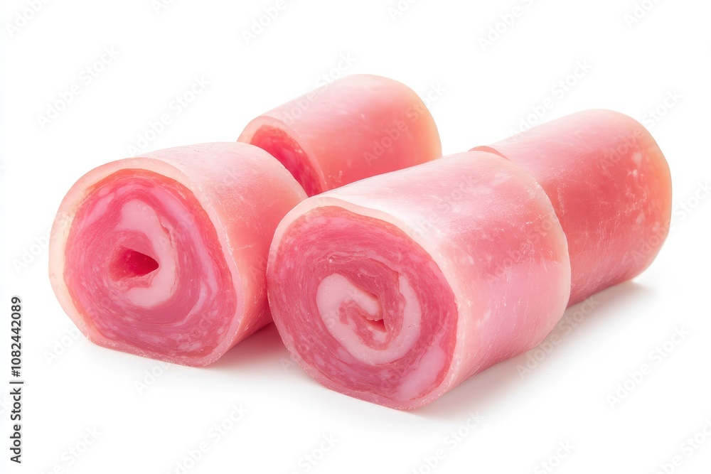 cooked boiled ham sausage or rolled bologna slices isolated on white background cutout - generative ai cooked boiled ham sausage or rolled bologna slices isolated on white background cutout - generative ai